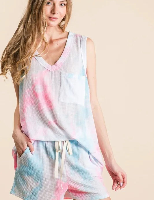 BiBi Tie Dye Textured Knit Top and Shorts Set | Outfit Sets Daverri Fashions