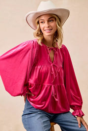 BiBi Christmas Theme Velvet Bow Tied Blouse | Blouses Daverri Fashions