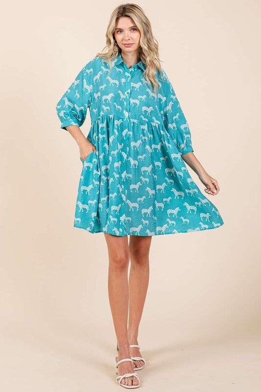 Mittoshop Seagreen Zebra Print Button Down Shirt Mini Dress | Mini Dresses Daverri Fashions