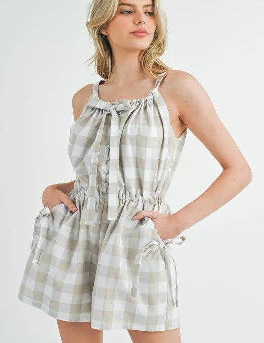 Lt Taupe MABLE Plaid Sleeveless Button Down Romper | Daverri Fashions