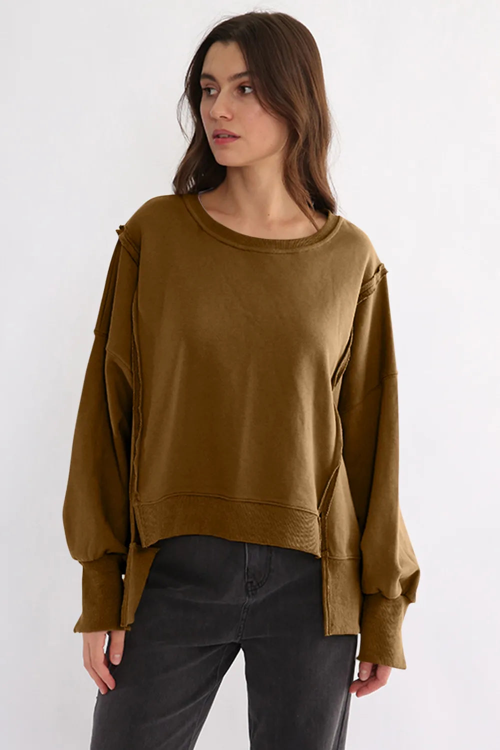 Exposed Seam High-Low Long Sleeve Sweatshirt | Daverri Fashions