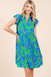 Blue Mittoshop Leaf Print Ruffle Sleeve Tiered Mini Dress | Mini Dresses Daverri Fashions