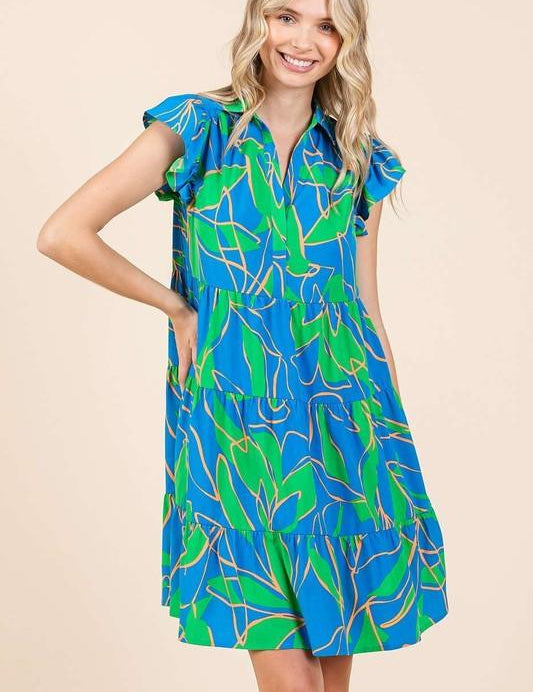 Blue Mittoshop Leaf Print Ruffle Sleeve Tiered Mini Dress | Mini Dresses Daverri Fashions