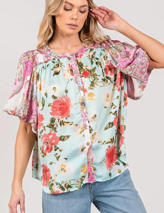SAGE+FIG Plus Size Floral Mineral Wash French Terry Button Up Shirt | Daverri Fashions