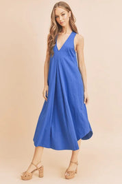 Aemi + Co Front Pleat Detail V-Neck Sleeveless Midi Dress | Daverri Fashions