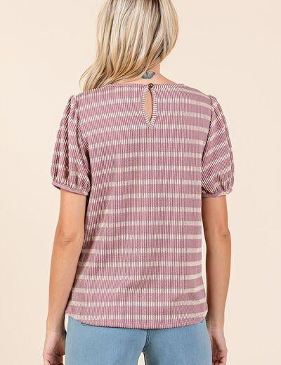 Mittoshop Contrast Striped Short Puff Sleeve Knit Top | Tops Daverri Fashions