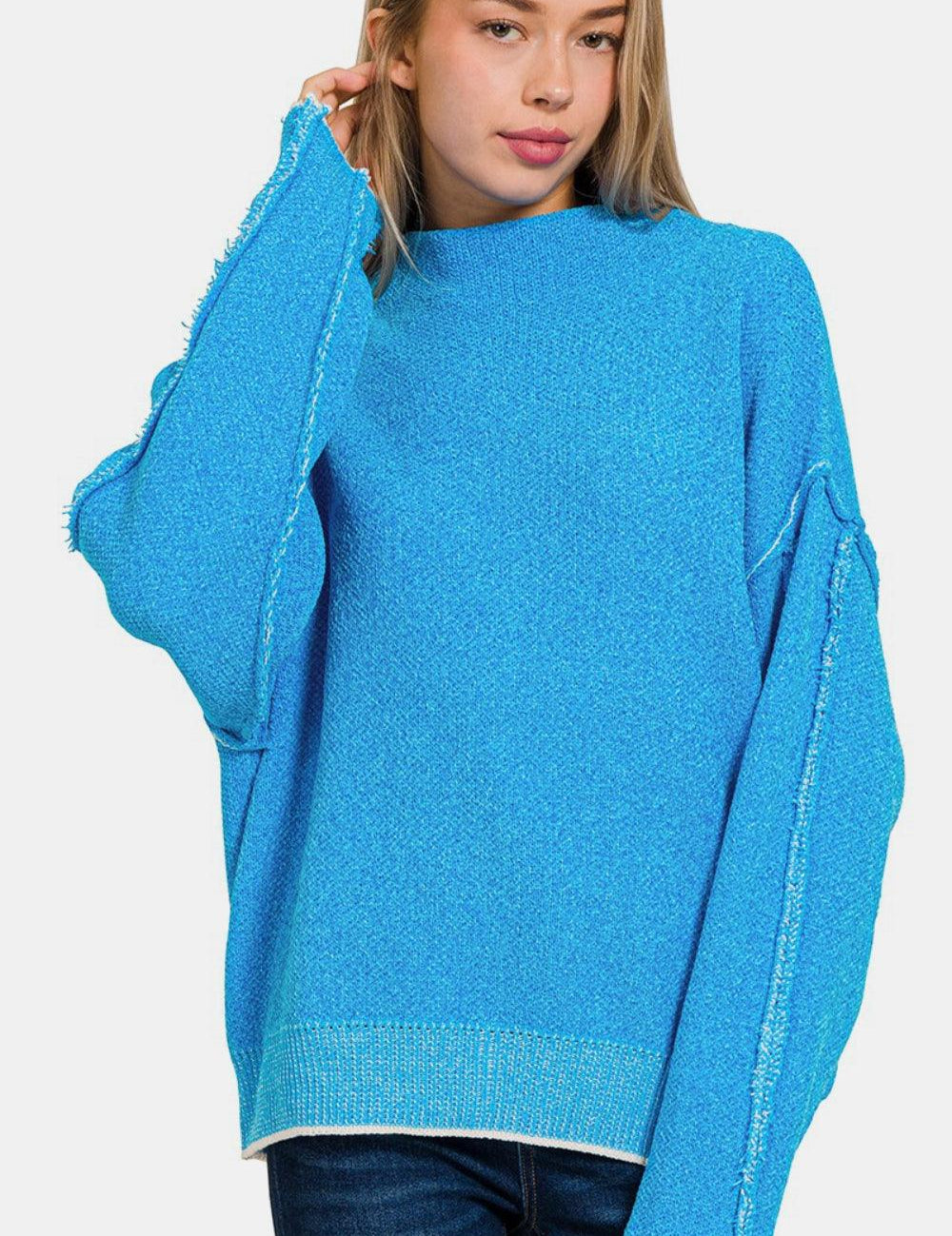Deep Sky L XL Exposed Seam Mock Neck Long Sleeve Sweater | Sweaters Daverri Fashions