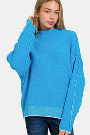 Deep Sky L XL Exposed Seam Mock Neck Long Sleeve Sweater | Sweaters Daverri Fashions