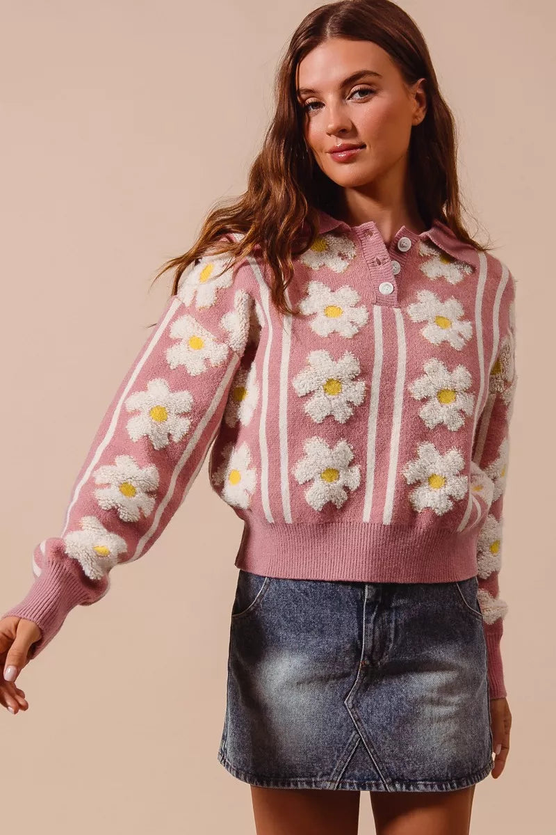 MAUVE IVORY SO ME Floral Stripe Polo Collar Sweater | Sweaters Daverri Fashions