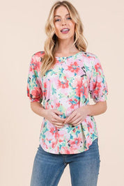 Pink Mix BOMBOM Floral Round Neck Puff Sleeve Top | Tops Daverri Fashions