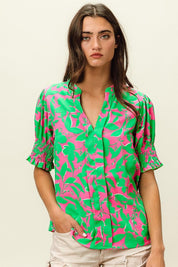 BiBi Smocked Cuff Floral Contrast Top | Tops Daverri Fashions