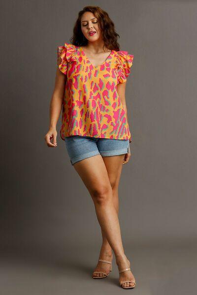 Umgee Full Size Abstract Print V-Neck Double Layer Ruffle Sleeve Blouse Plus Size | Blouses Daverri Fashions
