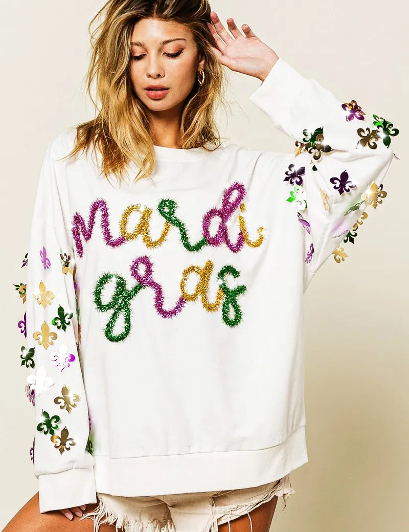 OFF WHITE BiBi Fleur De Lis Sleeve Mardi Gras Pullover | Daverri Fashions