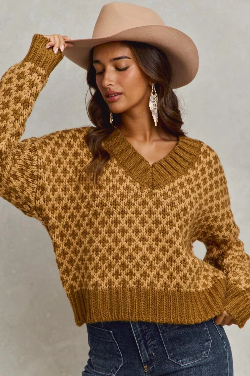 SO ME Color Block Textured Christmas Sweater V Neck Top | Sweaters Daverri Fashions
