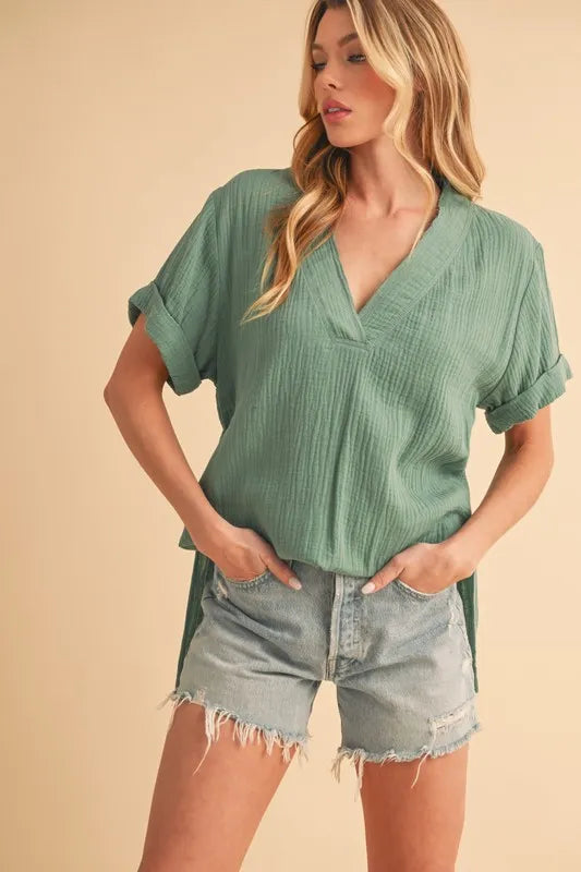 Aemi + Co Side Slit V-Neck Short Sleeve Blouse | Daverri Fashions