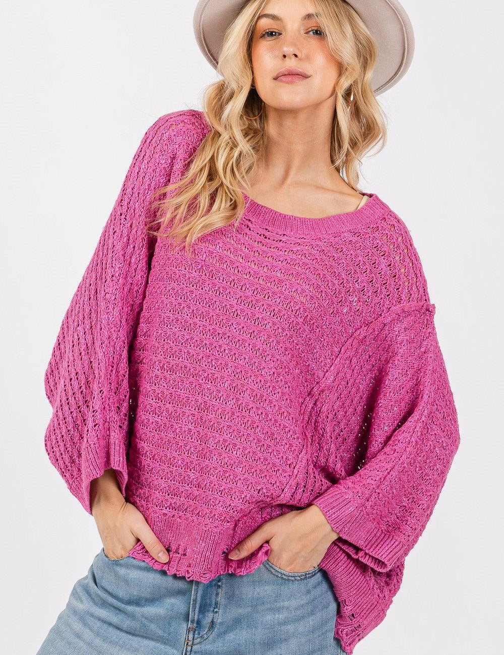 Magenta SAGE + FIG Magenta Distressed Asymmetrical Open Stitch Sweater | Sweaters Daverri Fashions