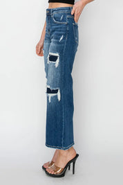 Risen Full Size High Rise Patch Detailed Wide Leg Crop Jeans | Jeans Daverri Fashions