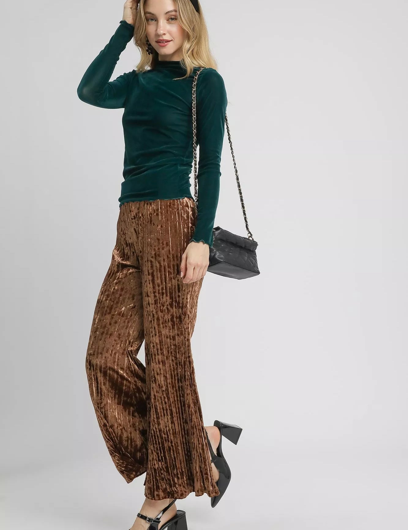 Umgee Velvet Pleated Wide Leg Pants | Pants Daverri Fashions