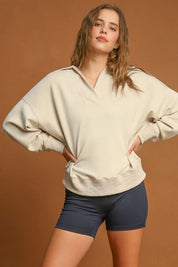 Umgee Johnny Collar Dropped Shoulder Sweatshirt | Daverri Fashions
