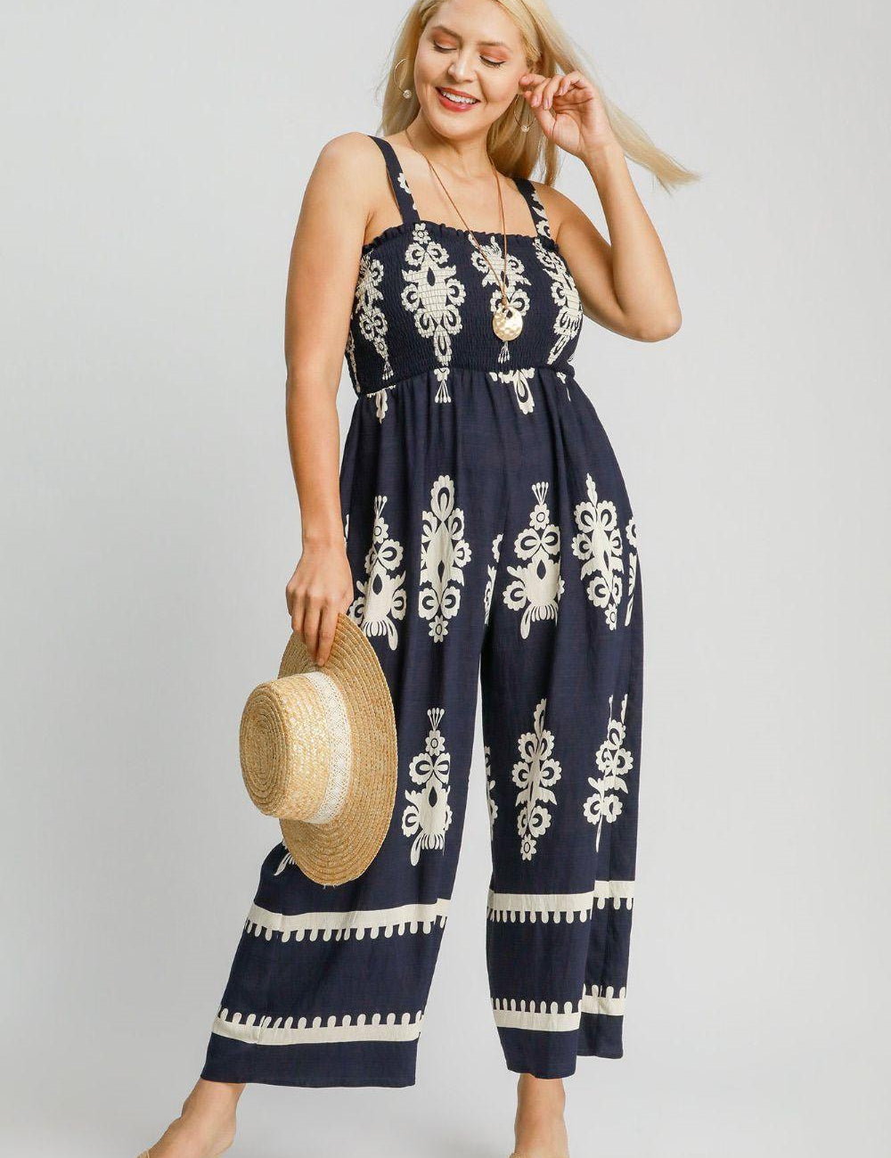 Umgee Smocked Printed Wide Leg Jumpsuit Plus Size | Jumpsuits Daverri Fashions