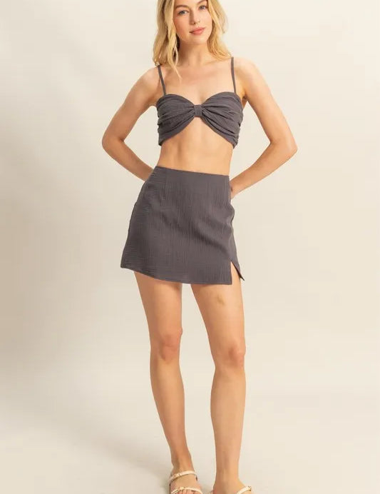 CHARCOAL HYFVE Charcoal Ruched Bra Top and Mini Skirt Set | Outfit Sets Daverri Fashions