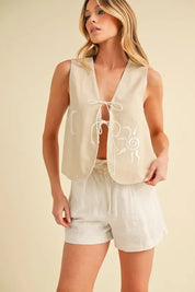 Aemi+Co Embroidered Tied Front Vest Coat | Daverri Fashions