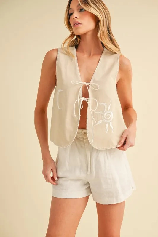 Aemi+Co Embroidered Tied Front Vest Coat | Daverri Fashions