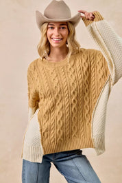 BiBi Cable Knit With Hacci Combo Sweater With Uneven Hem Detail | Sweaters Daverri Fashions