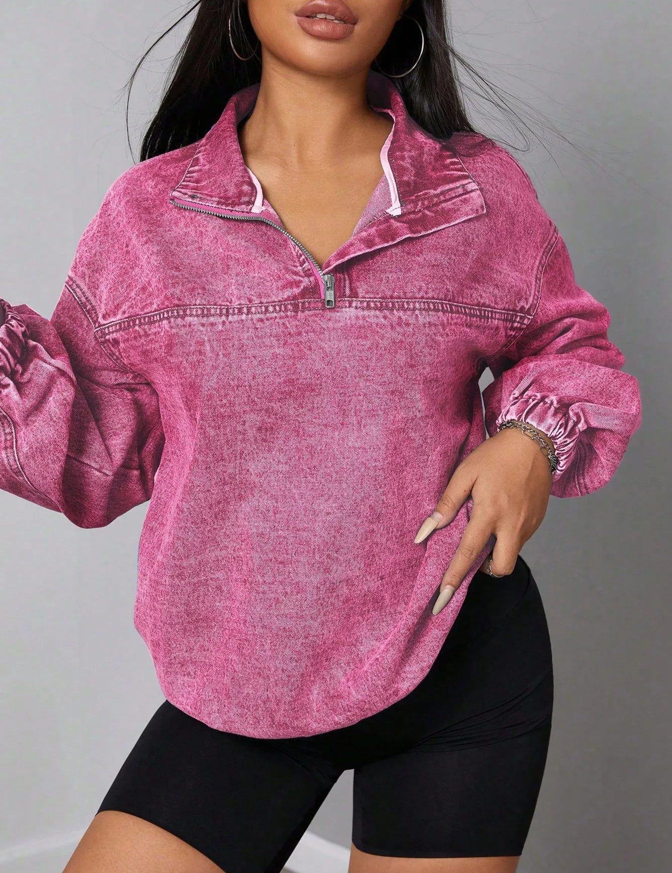 Hot Pink Zip Collar Long Sleeve Denim Top | Tops Daverri Fashions