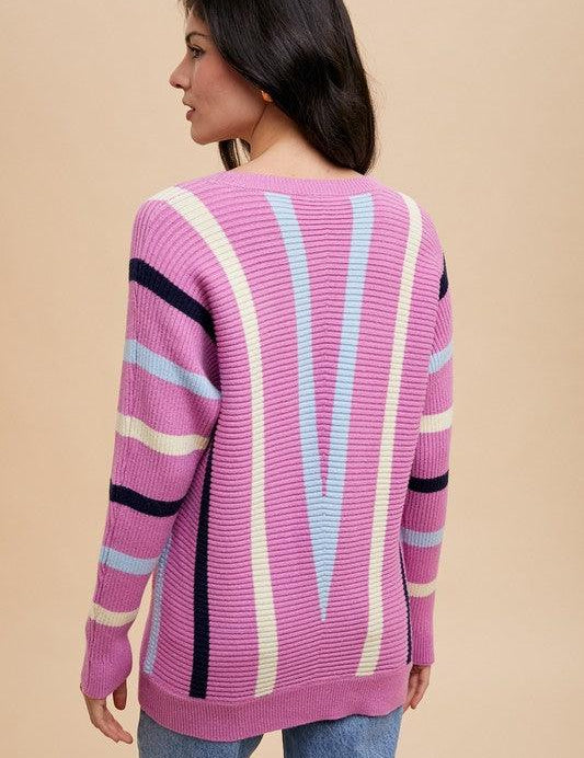 Annie Wear Chevron Stripe Round Neck Ribbed Sweater | Sweaters Daverri Fashions