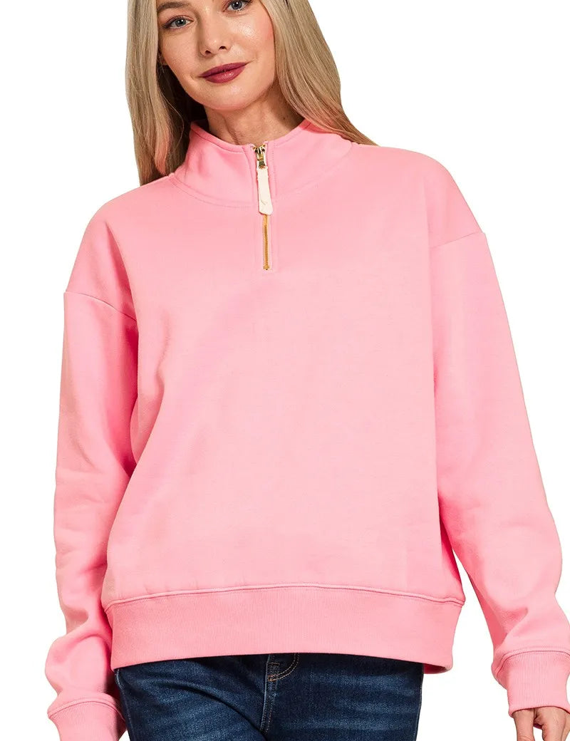 DK PINK Zenana Fleece Half Zip Sweatshirt Dark Pink | Sweatshirts Daverri Fashions