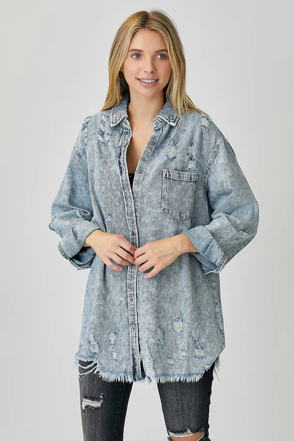 RISEN Distressed Raw Hem Denim Shirt | Shirts Daverri Fashions