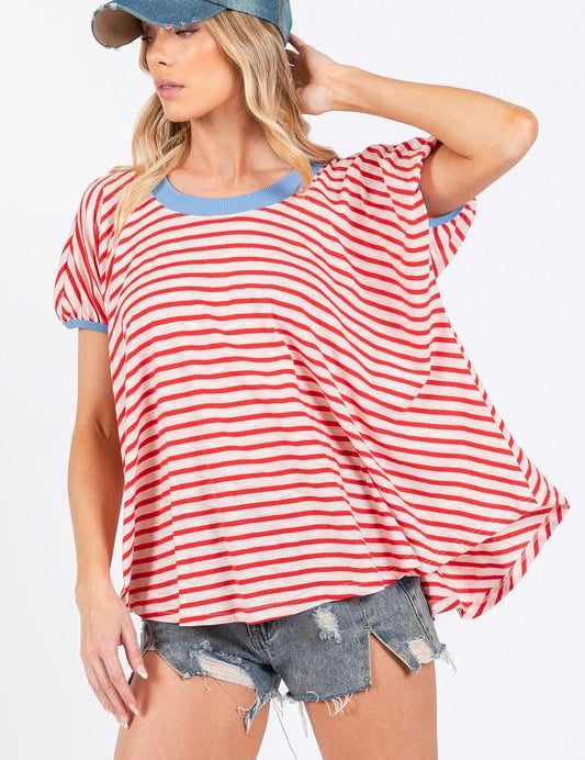 Red Ces Femme Striped Round Neck Short Sleeve T-Shirt | T-Shirts Daverri Fashions