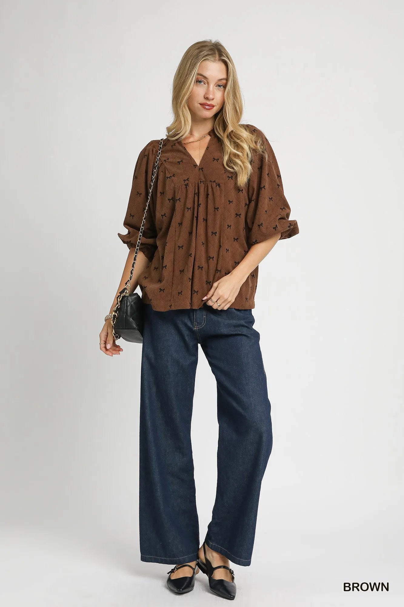 Umgee Corduroy Bow Print Balloon Sleeve Blouse | Daverri Fashions