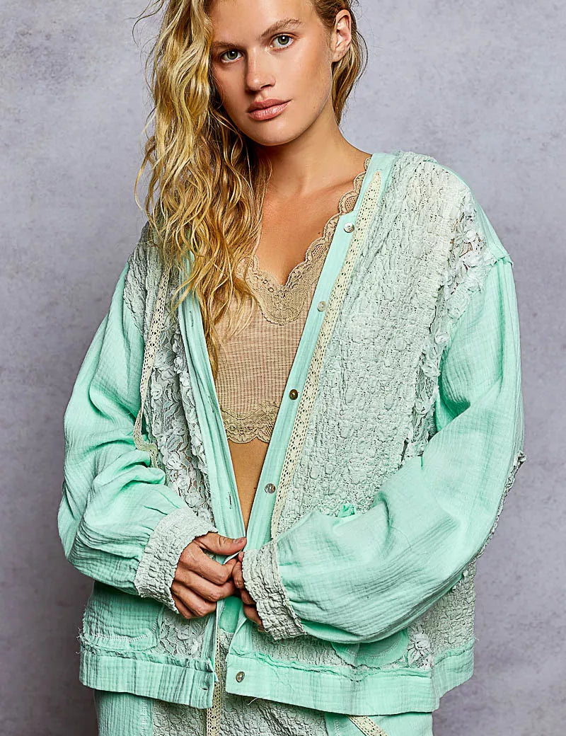 POL Exposed Seam Button Down Hooded Jacket with Lace Detail | Daverri Fashions