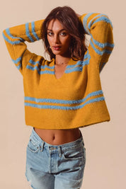 SO ME Fuzzy Hairy Stripe Deep U Neck Swetaer | Sweaters Daverri Fashions
