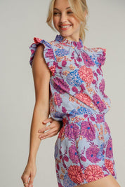 Umgee Full Size Floral Print Ruffled Cap Sleeve Blouse Plus Size | Blouses Daverri Fashions