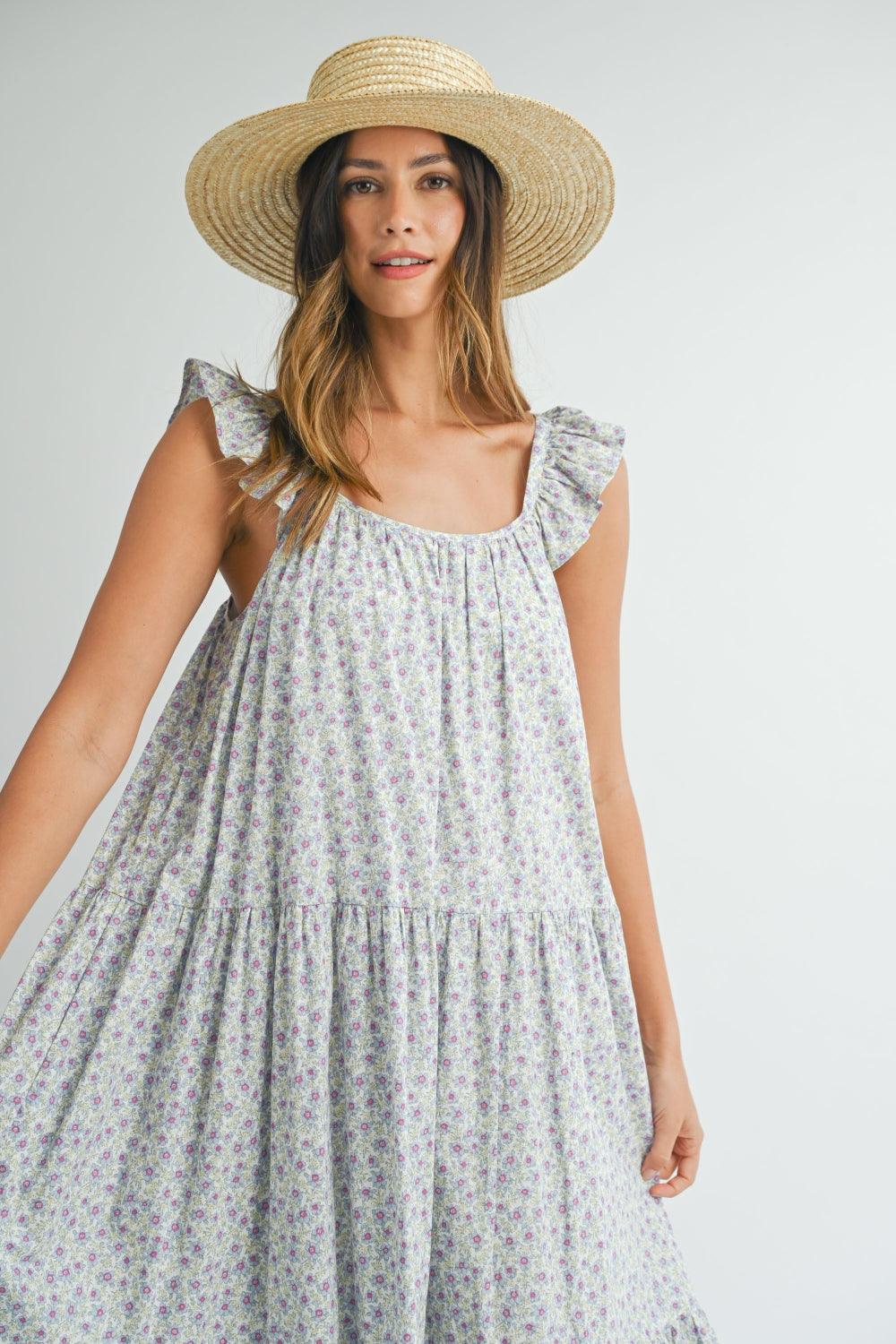MABLE Floral Ruffle Shoulder Tiered Midi Dress | Daverri Fashions