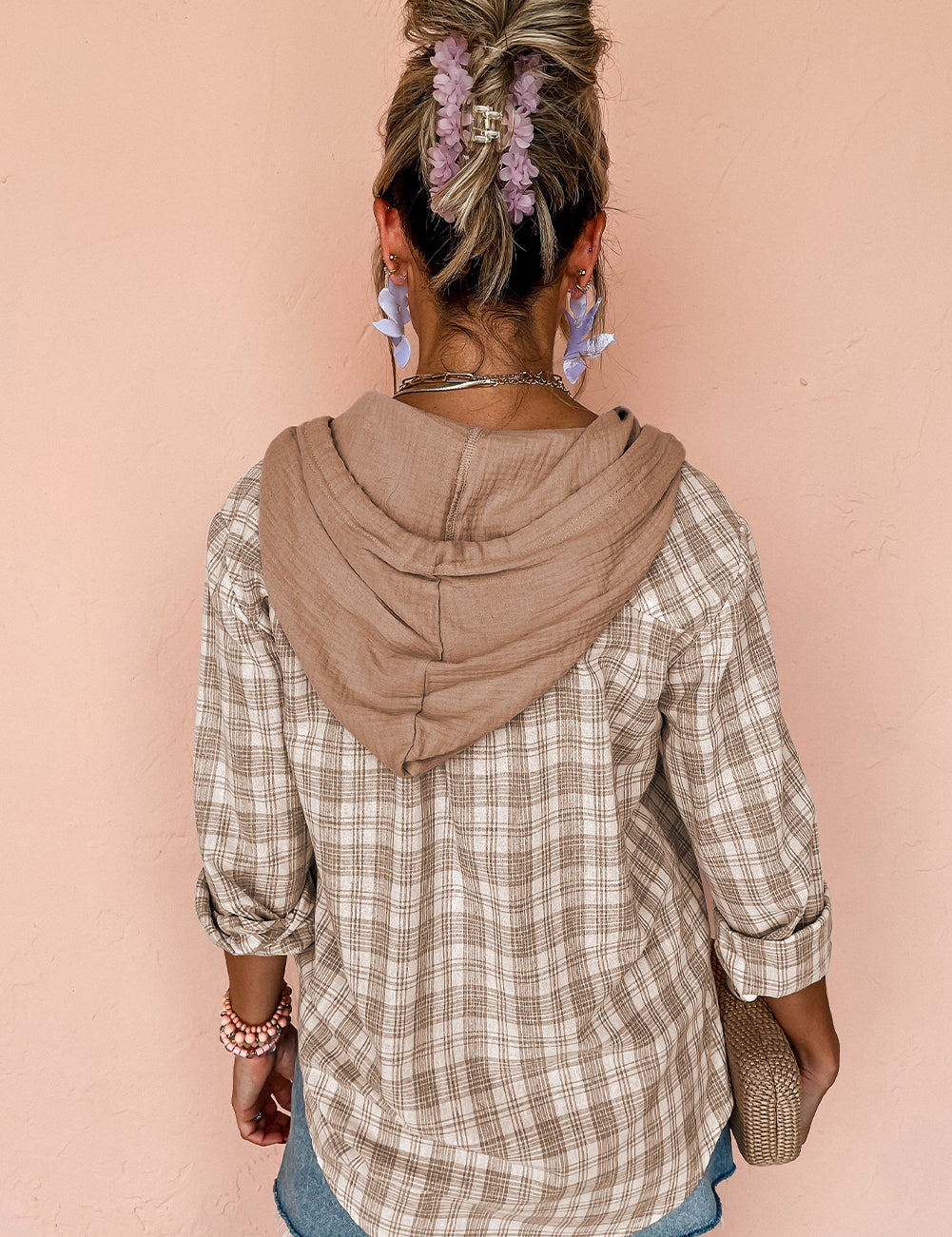 Pink Checkered Print Loose Fit Buttoned Hooded Shacket | Shackets Daverri Fashions
