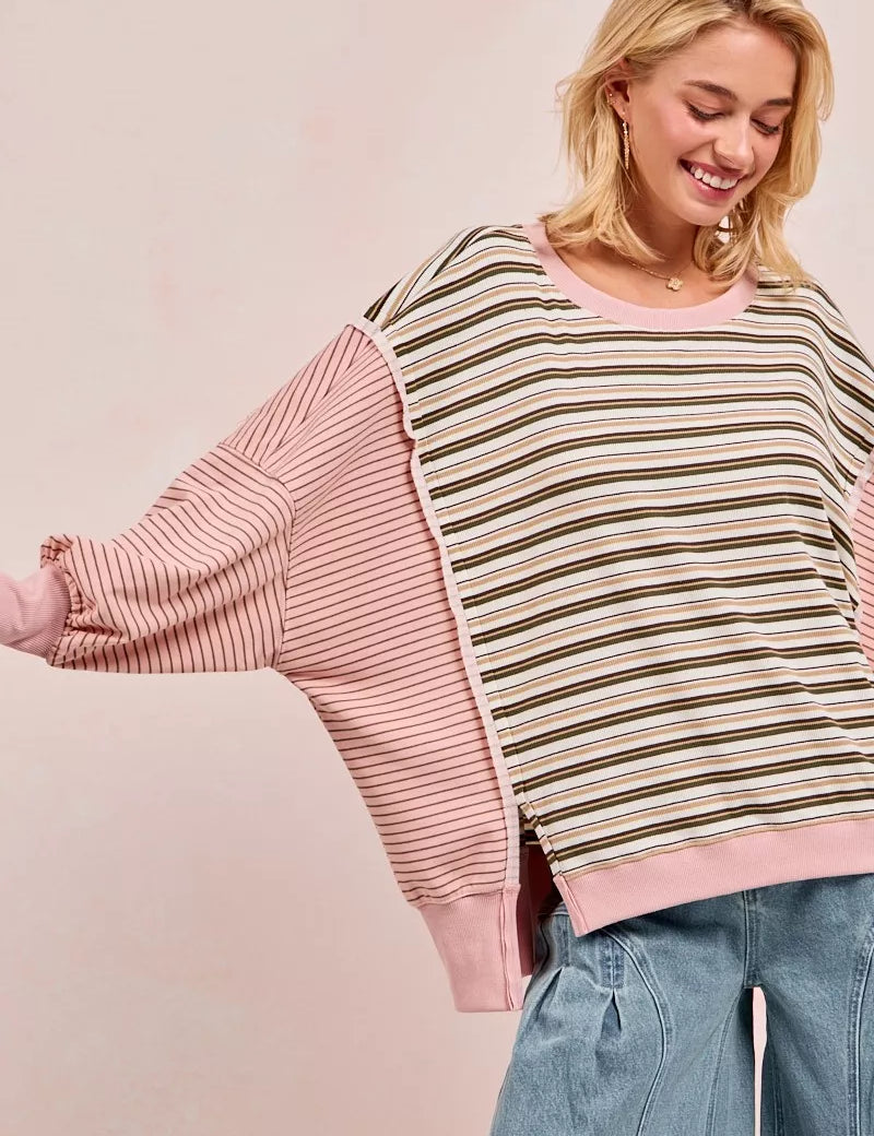 BiBi Stripe Mixed Top With Cut Edge And Reverse Outseam | Sweatshirts Daverri Fashions