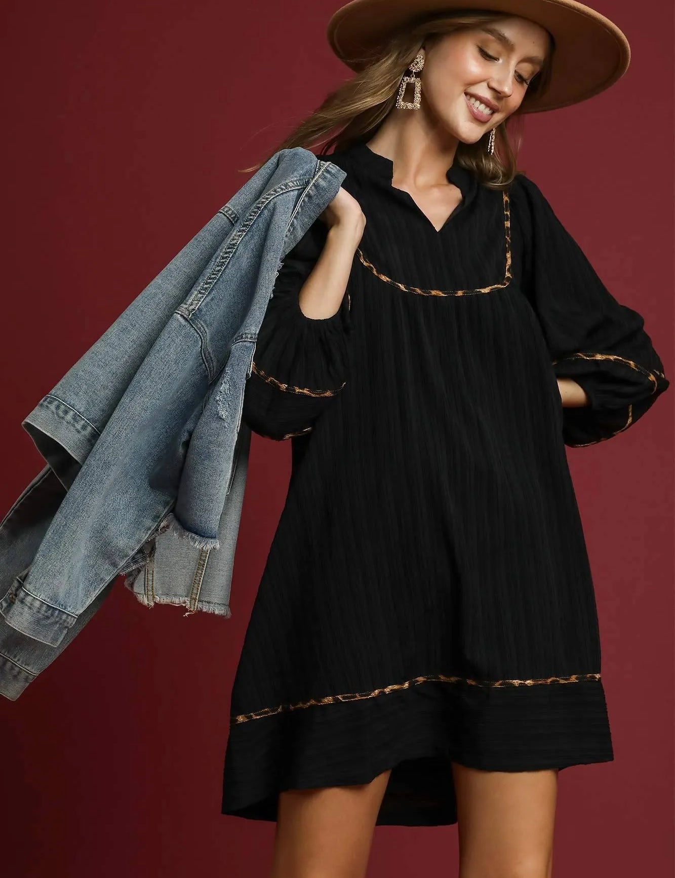 Black M Umgee Full Size Textured Babydoll Dress with Leopard Trim Plus Size | Daverri Fashions