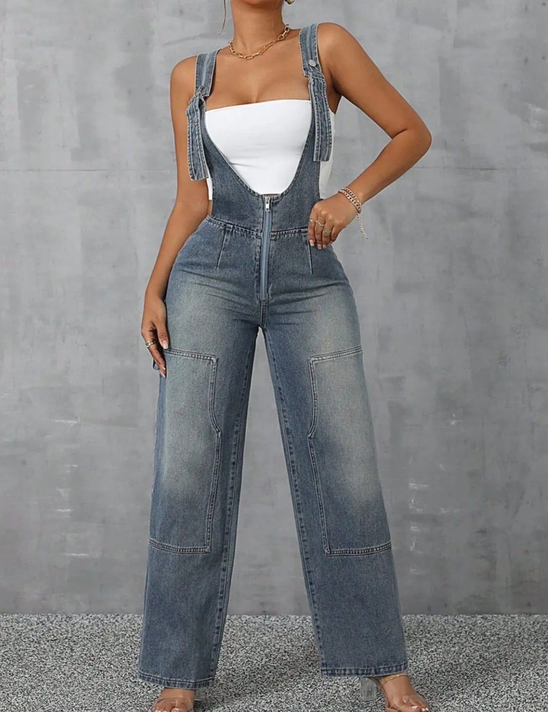 Zip Front Wide Strap Denim Overalls | Jumpsuits Daverri Fashions