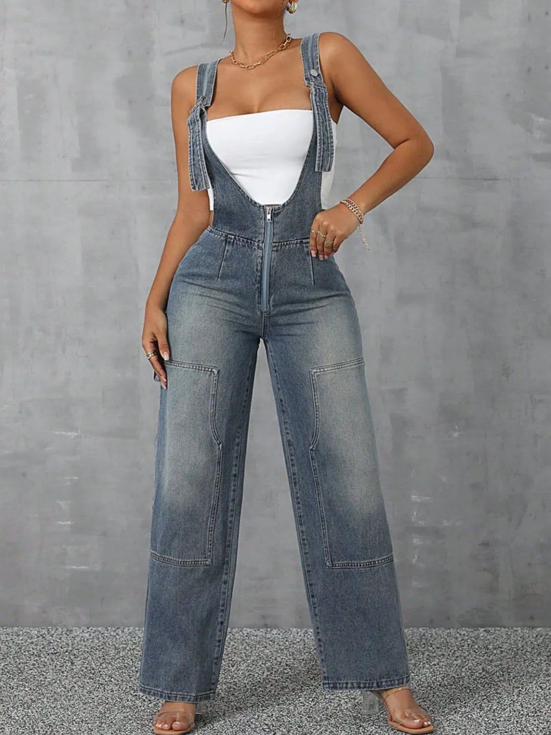 Zip Front Wide Strap Denim Overalls | Jumpsuits Daverri Fashions