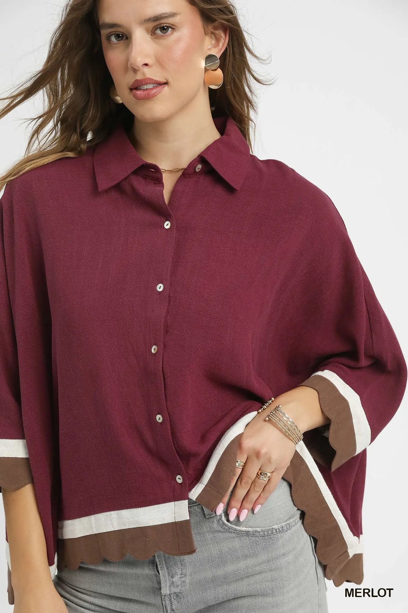 Umgee Colorblock Button-Down Shirt with Scallop Hem | Tops Daverri Fashions