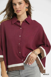 Umgee Colorblock Button-Down Shirt with Scallop Hem | Tops Daverri Fashions