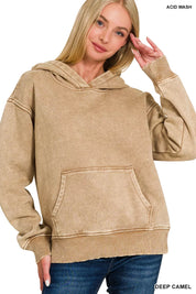 Zenana Fleece Acid Wash Kangaroo Pocket Hoodie | Hoodies Daverri Fashions