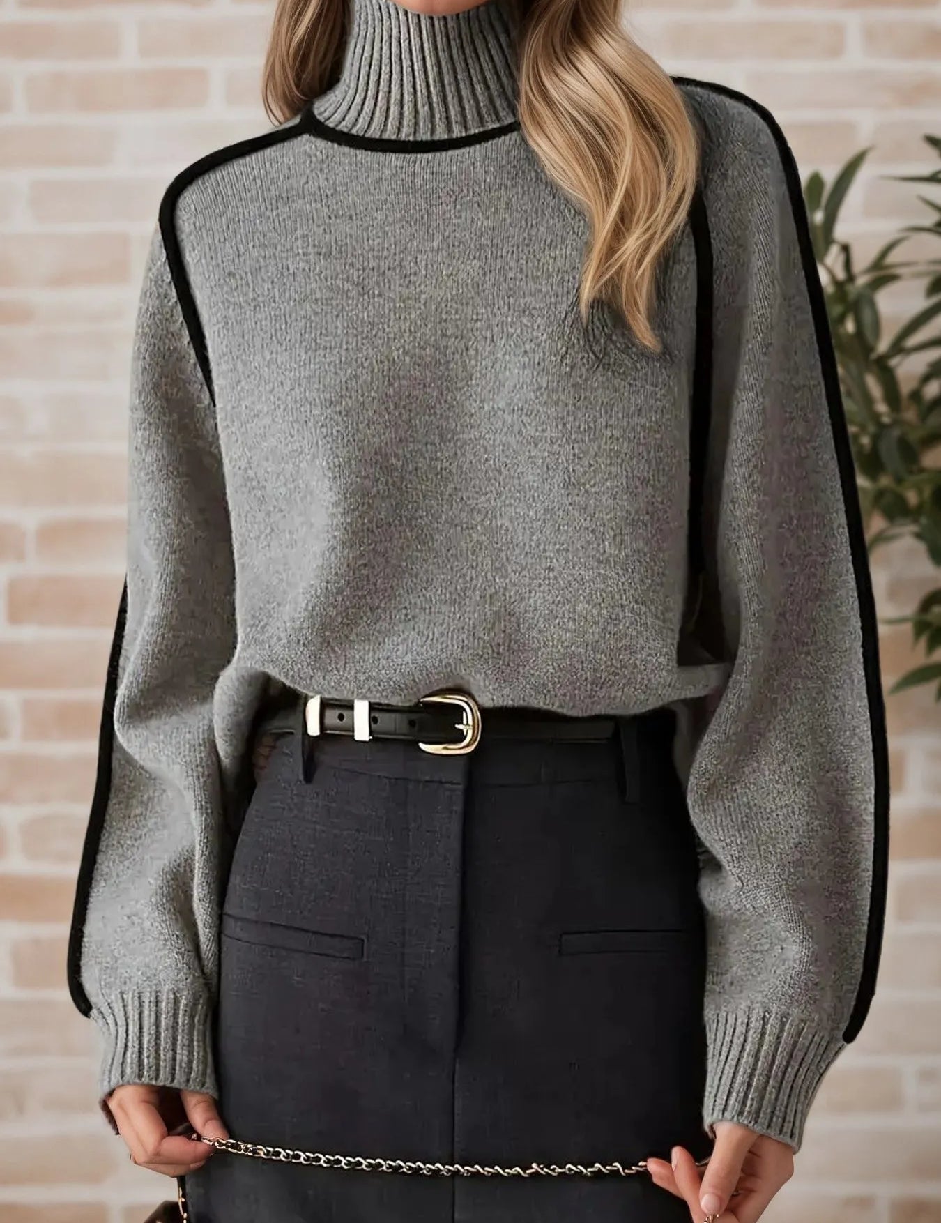 Gray Contrast Trim Turtleneck Sweater | Sweaters Daverri Fashions