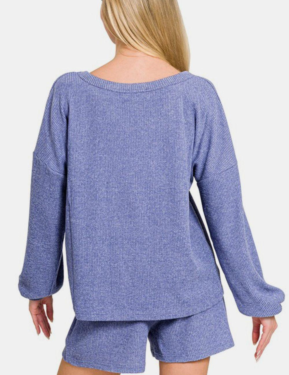 Zenana V-Neck Long Sleeve Ribbed Top and Shorts Set | Outfit Sets Daverri Fashions