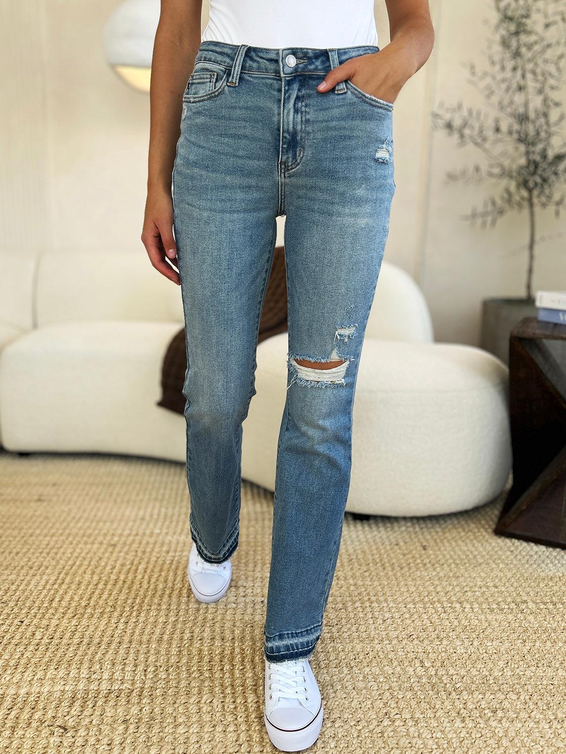 Judy Blue Full Size Mid Rise Destroyed Hem Distressed Jeans | Jeans Daverri Fashions