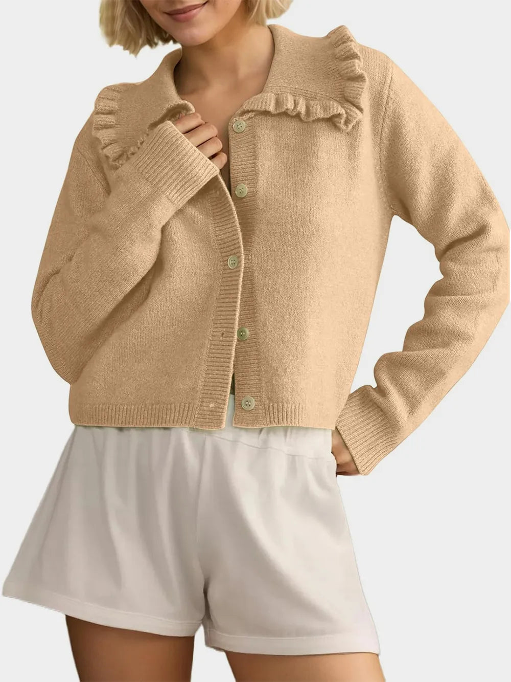 Frill Button Up Collared Neck Long Sleeve Cardigan | Cardigans Daverri Fashions